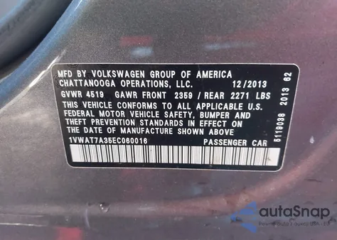2014 Volkswagen Passat 1.8T Wolfsburg Edition from USA, damaged, VIN 1VWAT7A35EC060016